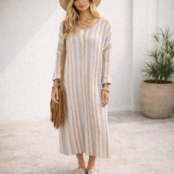 love knits Dresses & Skirts - Sz 2X Love Knits Boutique Tan& Blue Striped Crochet Dress NWT
